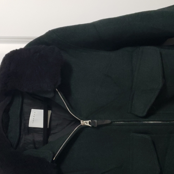 SANDRO Shearling Trim Collar Green Herringbone Wool Aviator Jacket - Picture 8 of 16